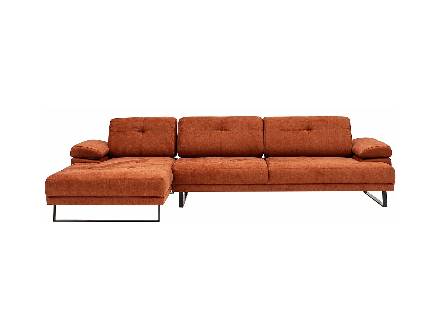 Grand canapé d'angle gauche tissu orange et métal noir Kustone 314cm