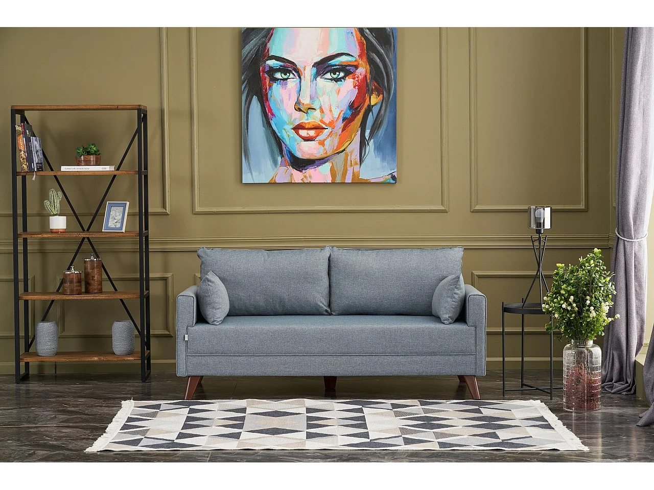 Kleine 2-zitsbank in Kandy blauwe stof 177 cm