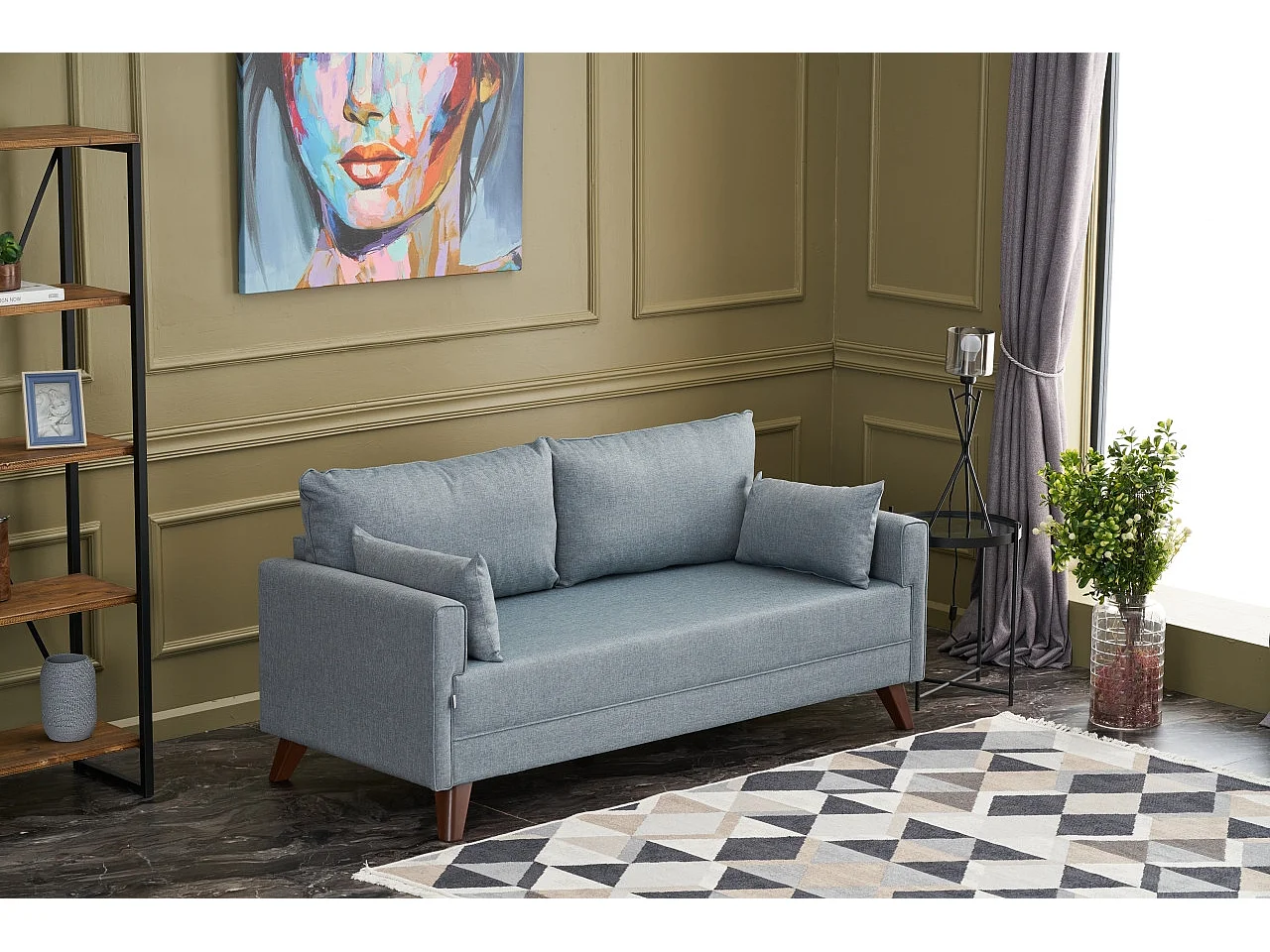 Kleine 2-zitsbank in Kandy blauwe stof 177 cm