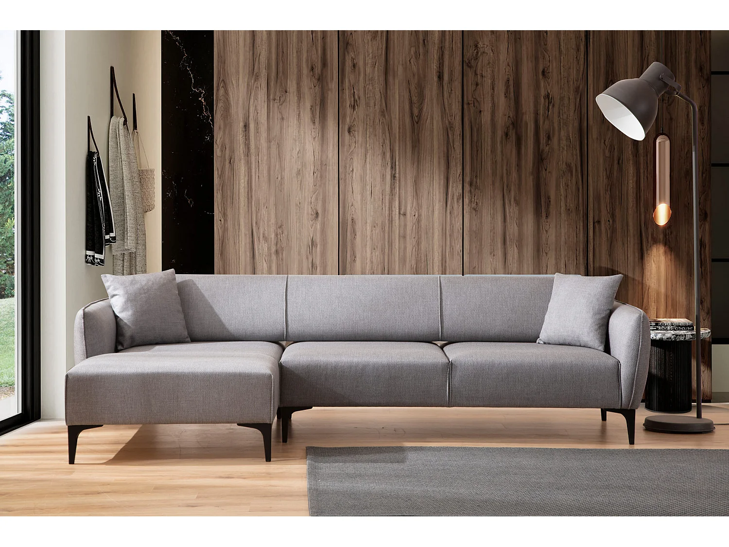 Canapé d'angle gauche tissu gris clair Bellano 270cm