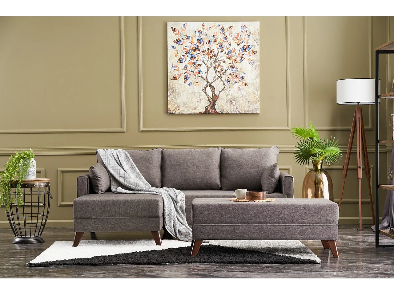 Petit canapé convertible d'angle gauche avec pouf tissu marron clair Kandy 205cm