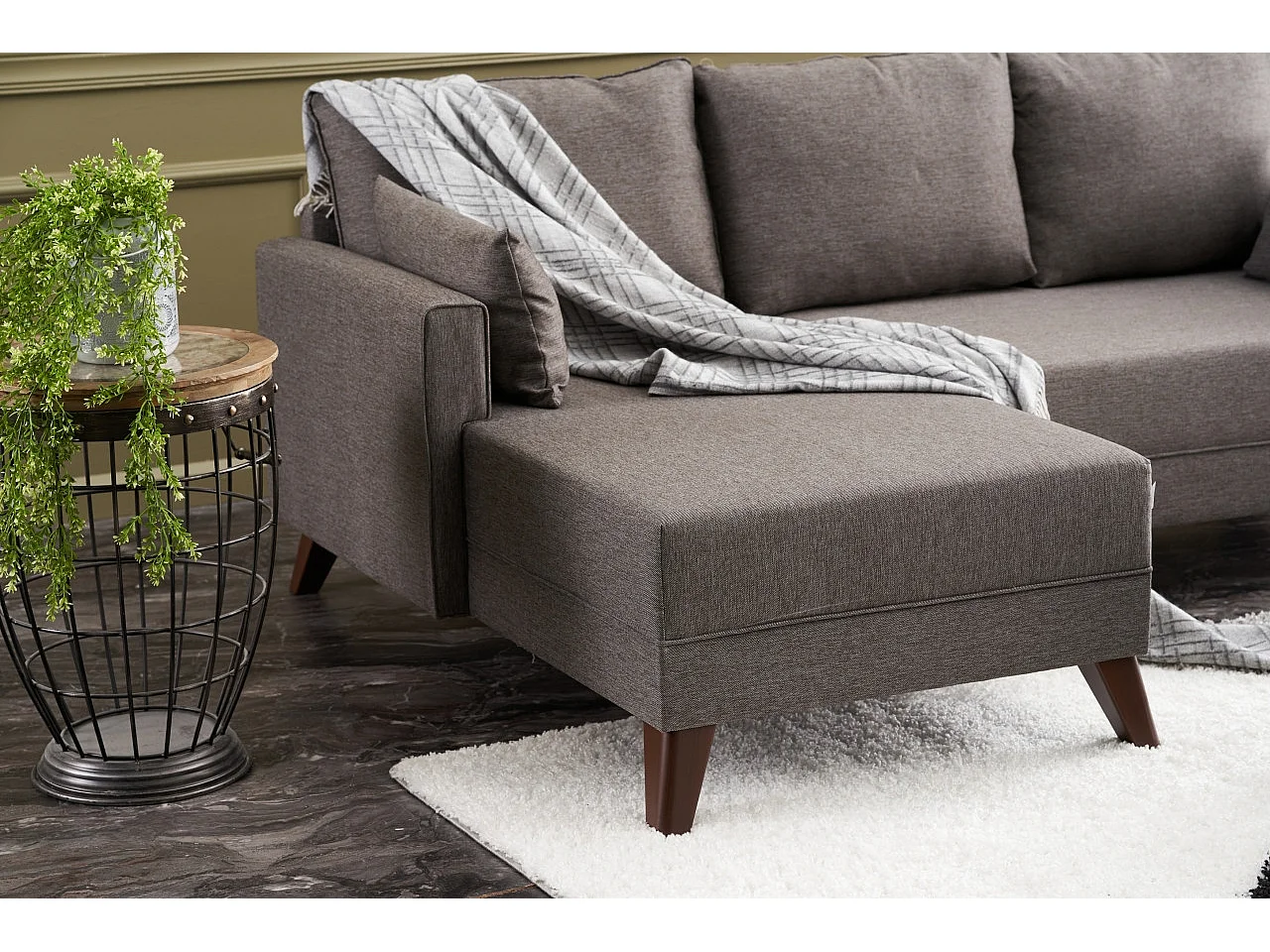 Petit canapé convertible d'angle gauche avec pouf tissu marron clair Kandy 205cm