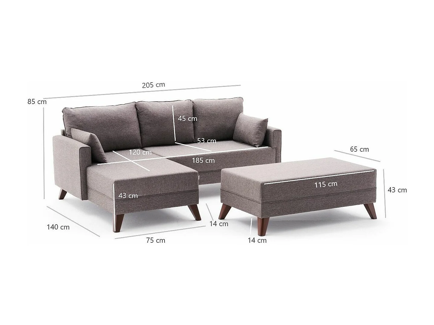 Petit canapé convertible d'angle gauche avec pouf tissu marron clair Kandy 205cm