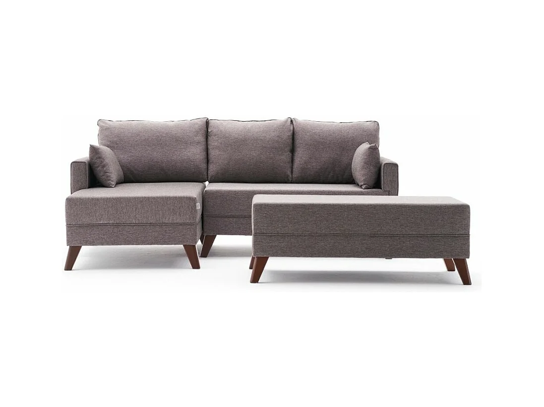 Petit canapé convertible d'angle gauche avec pouf tissu marron clair Kandy 205cm