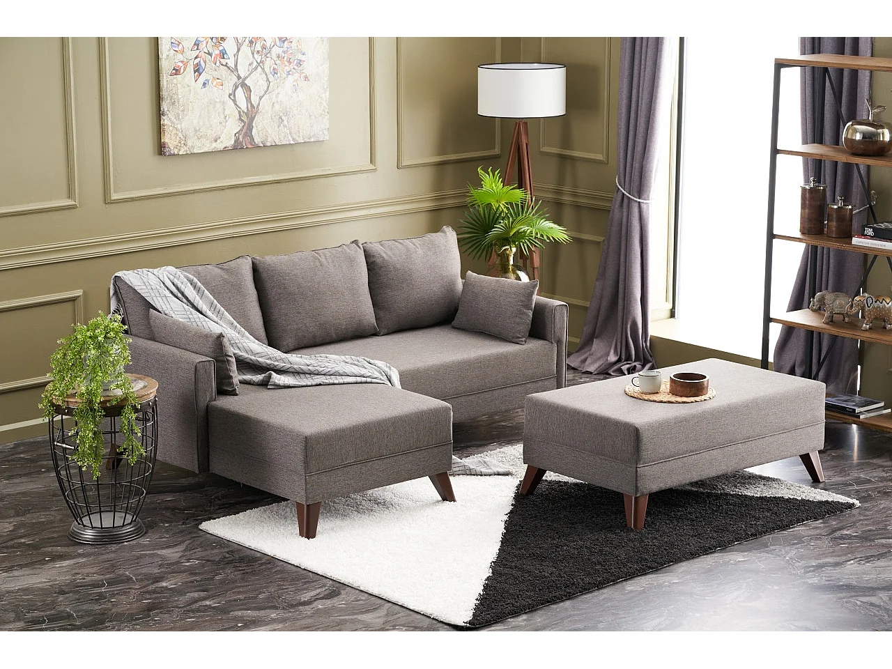 Petit canapé convertible d'angle gauche avec pouf tissu marron clair Kandy 205cm