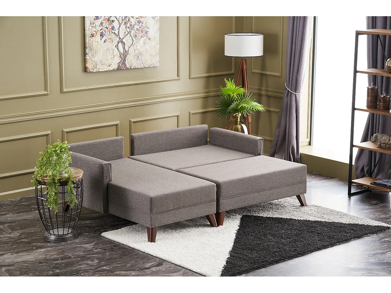 Petit canapé convertible d'angle gauche avec pouf tissu marron clair Kandy 205cm