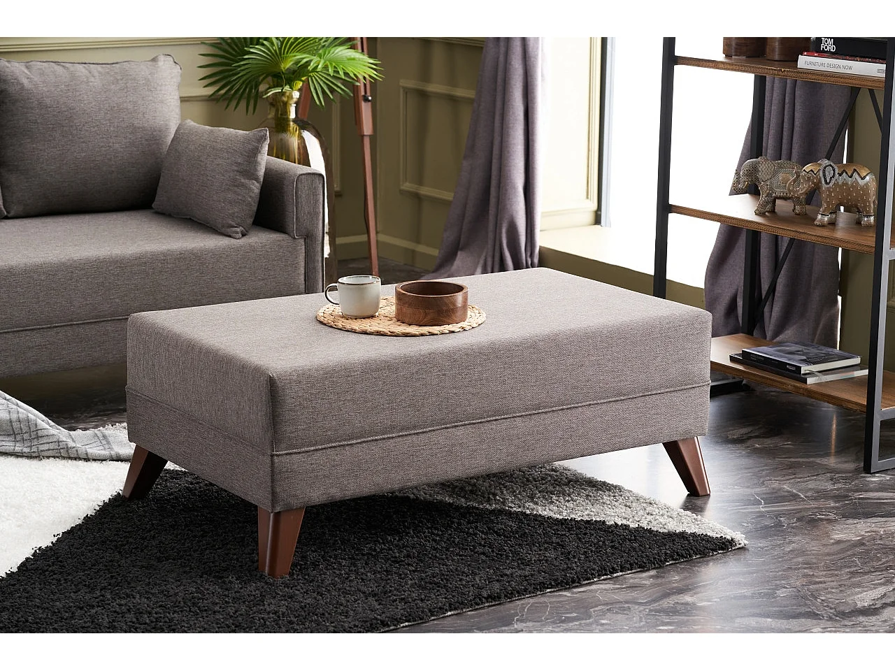 Petit canapé convertible d'angle gauche avec pouf tissu marron clair Kandy 205cm