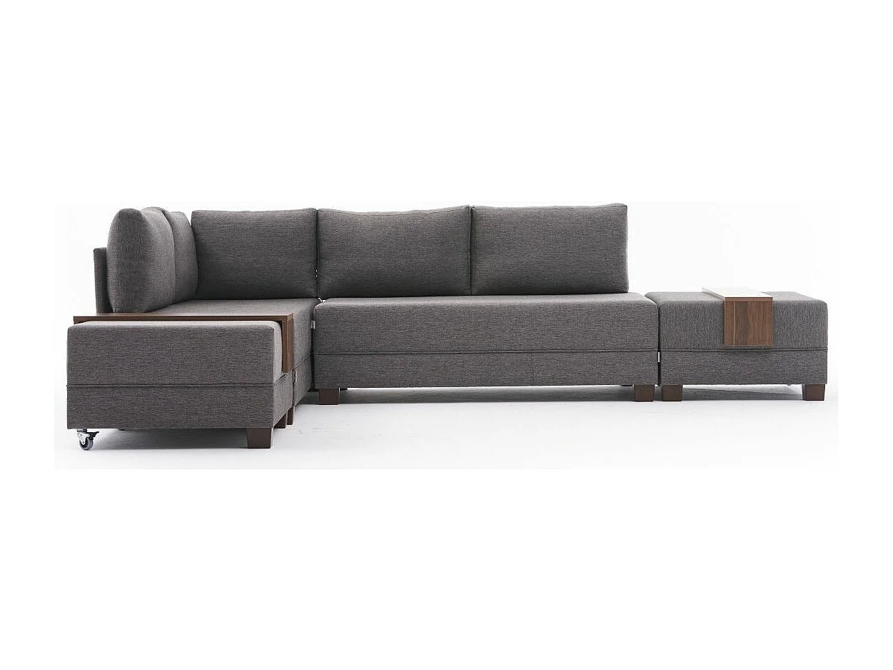 Canapé d'angle convertible et 2 poufs tissu Tikona 280cm-Marron clair-angle gauche