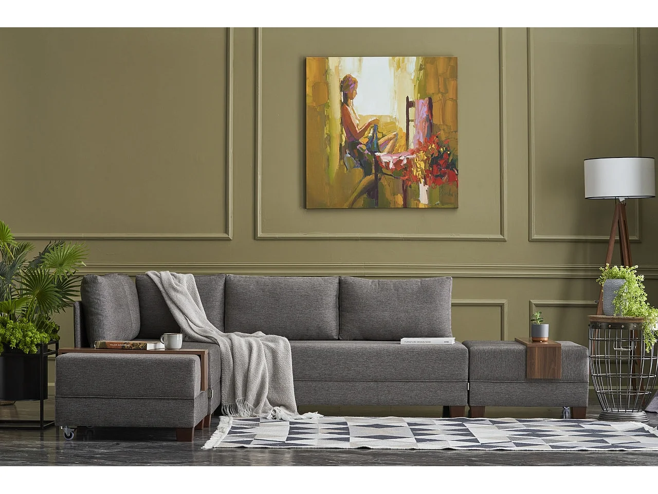 Canapé d'angle convertible et 2 poufs tissu Tikona 280cm-Marron clair-angle gauche