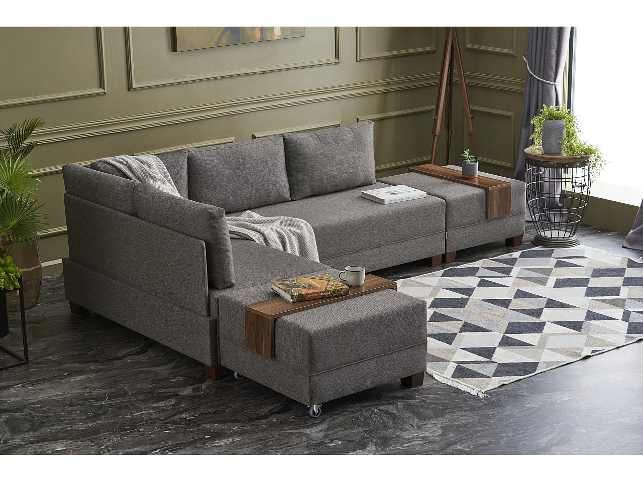 Canapé d'angle convertible et 2 poufs tissu Tikona 280cm-Marron clair-angle gauche