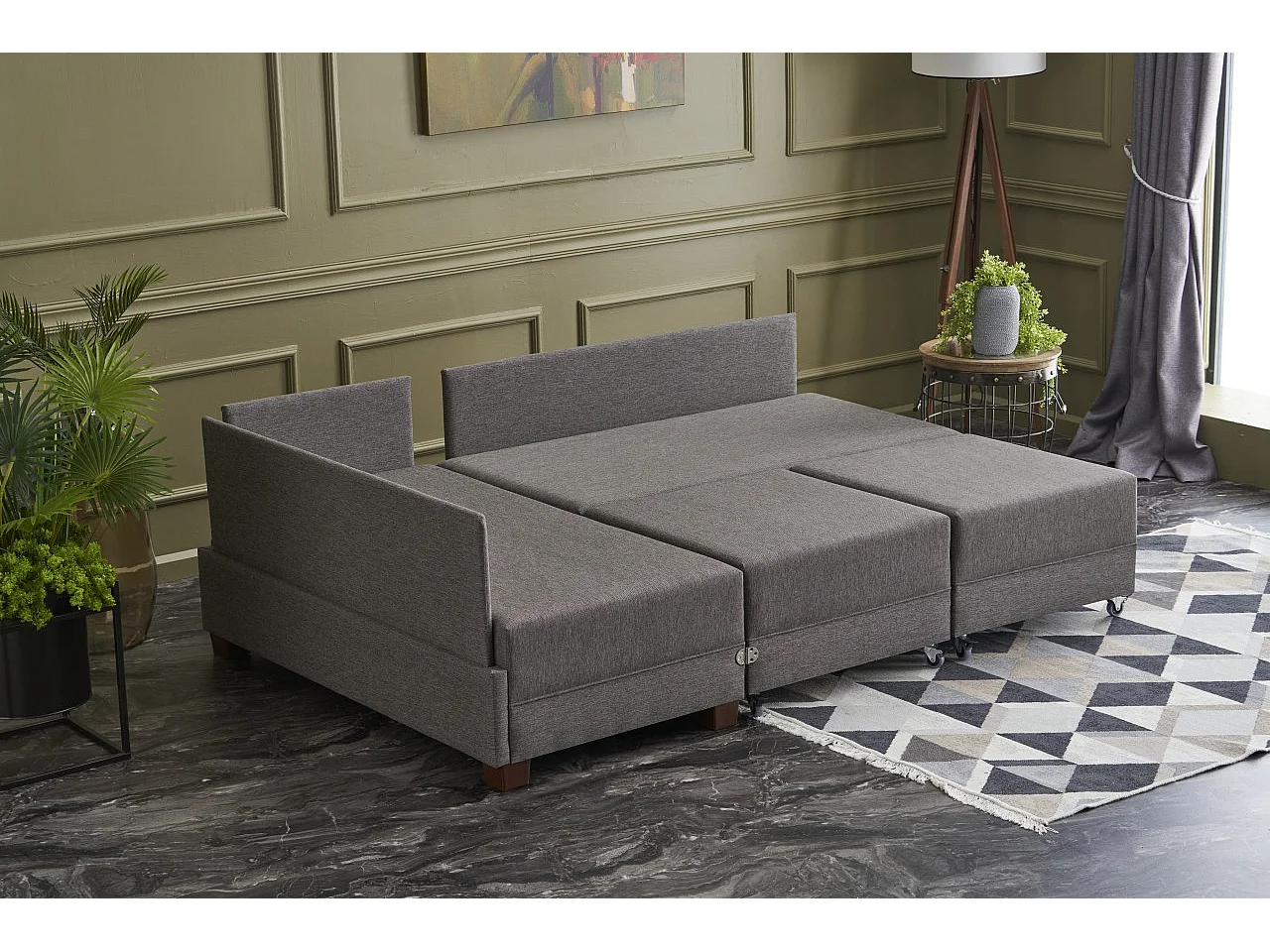 Canapé d'angle convertible et 2 poufs tissu Tikona 280cm-Marron clair-angle gauche