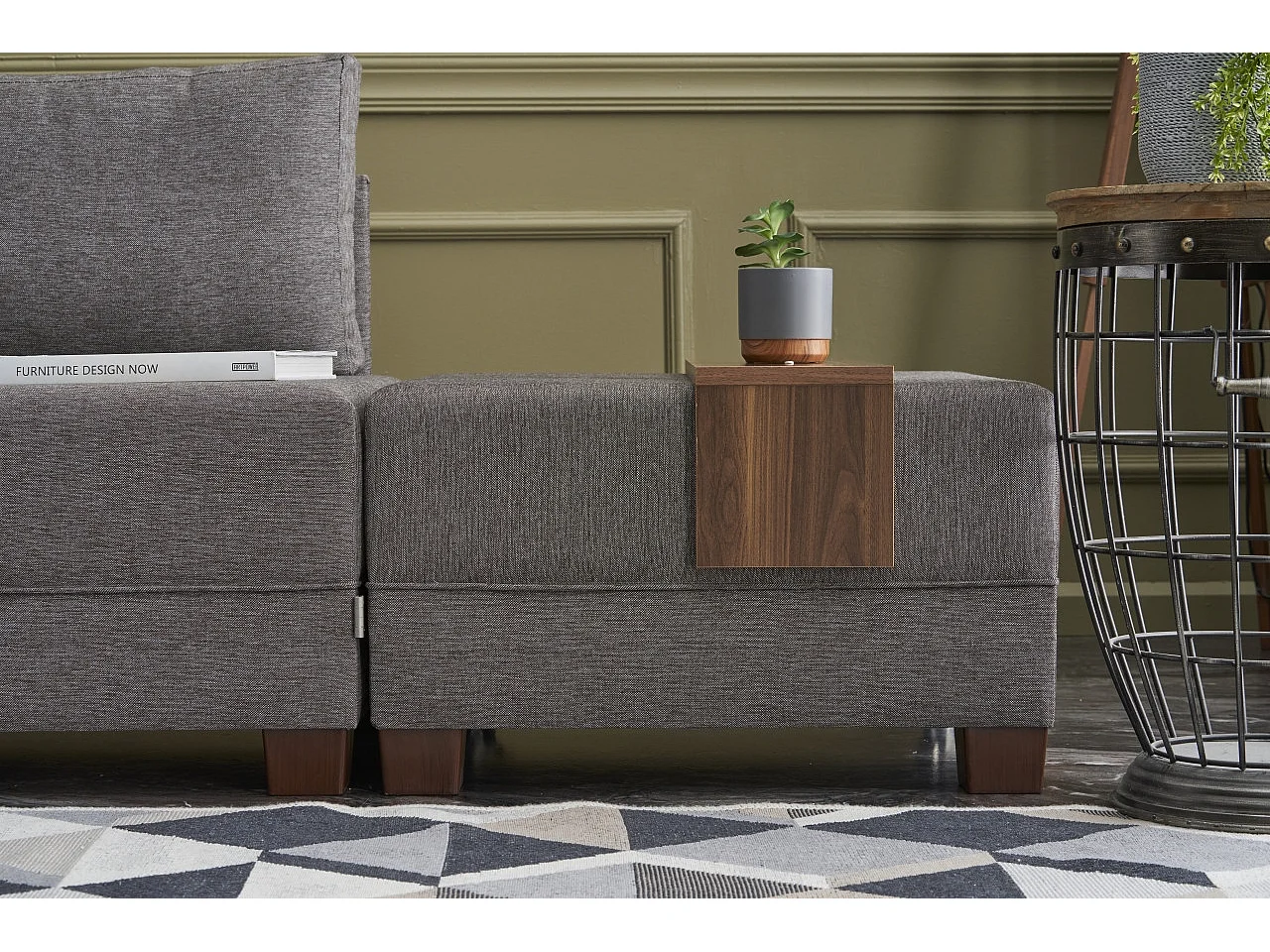 Canapé d'angle convertible et 2 poufs tissu Tikona 280cm-Marron clair-angle gauche