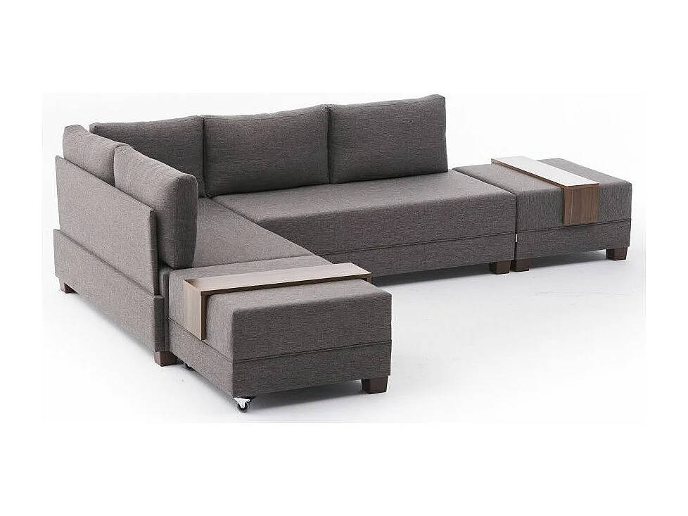Canapé d'angle convertible et 2 poufs tissu Tikona 280cm-Marron clair-angle gauche