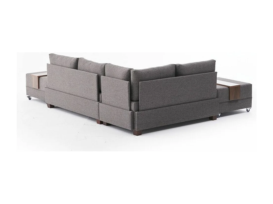 Canapé d'angle convertible et 2 poufs tissu Tikona 280cm-Marron clair-angle gauche