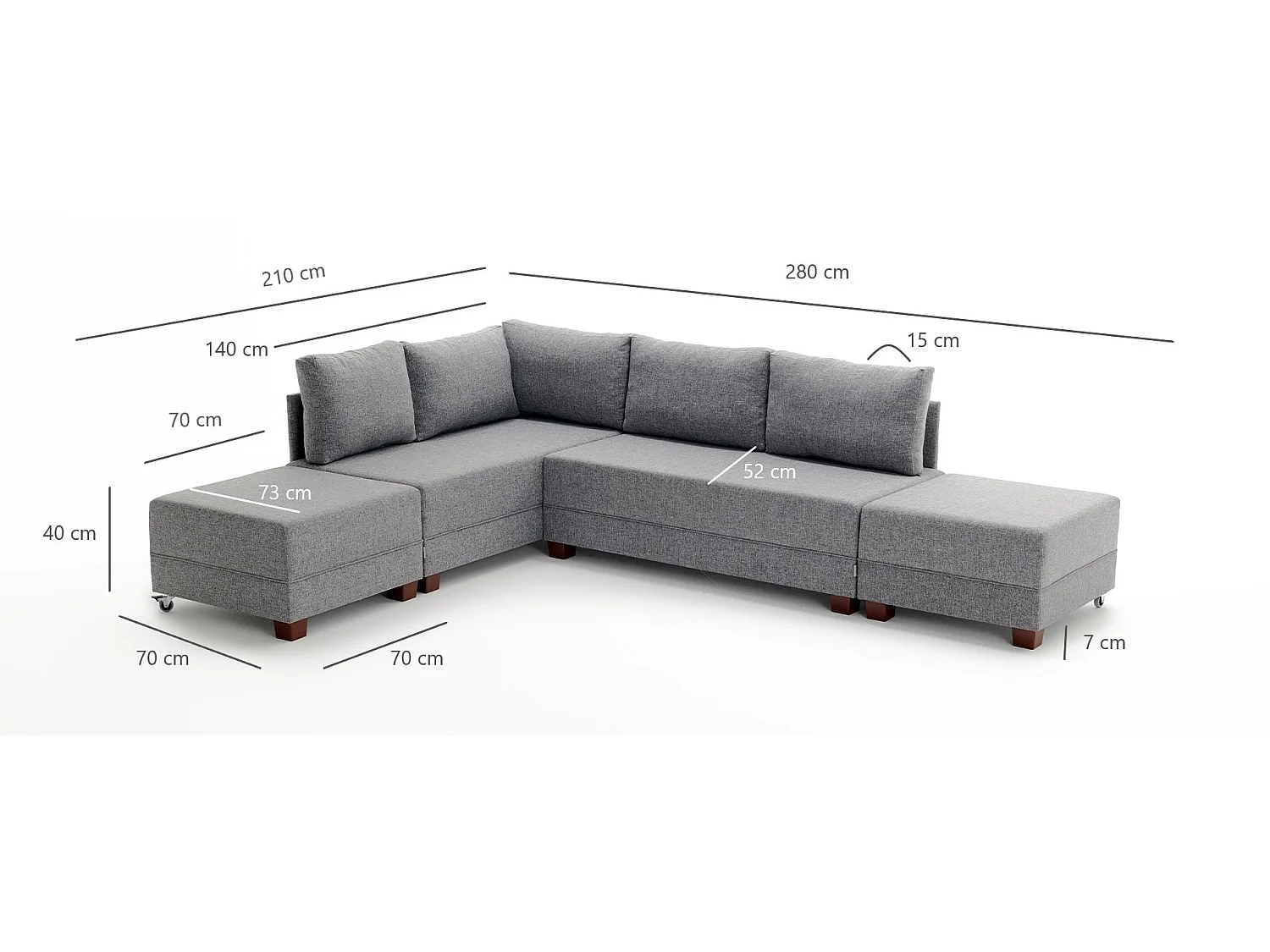 Canapé d'angle convertible et 2 poufs tissu Tikona 280cm-Marron clair-angle gauche