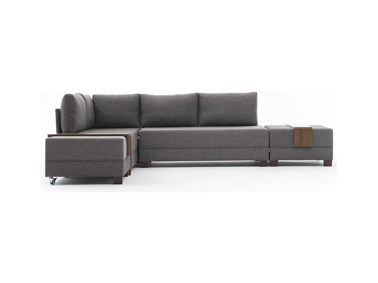 Canapé d'angle convertible et 2 poufs tissu Tikona 280cm-Marron clair-angle gauche