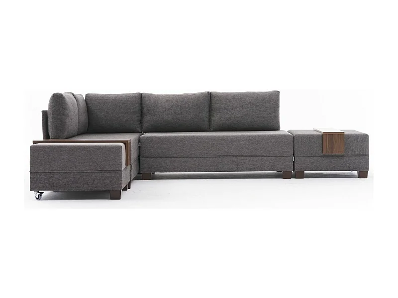 Canapé d'angle convertible et 2 poufs tissu Tikona 280cm-Marron clair-angle gauche