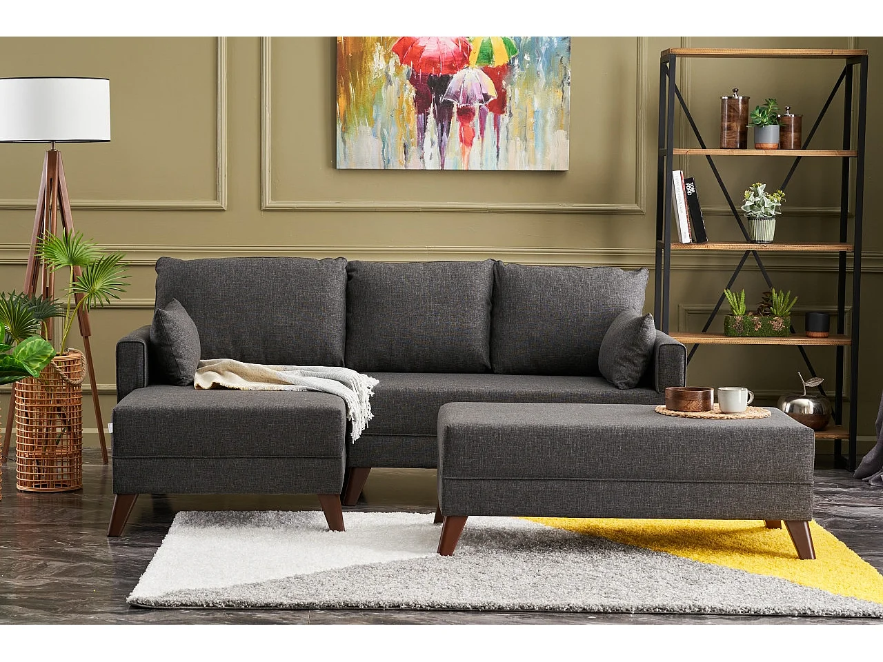 Petit canapé convertible d'angle droit avec pouf tissu bordeaux Kandy 205cm 2