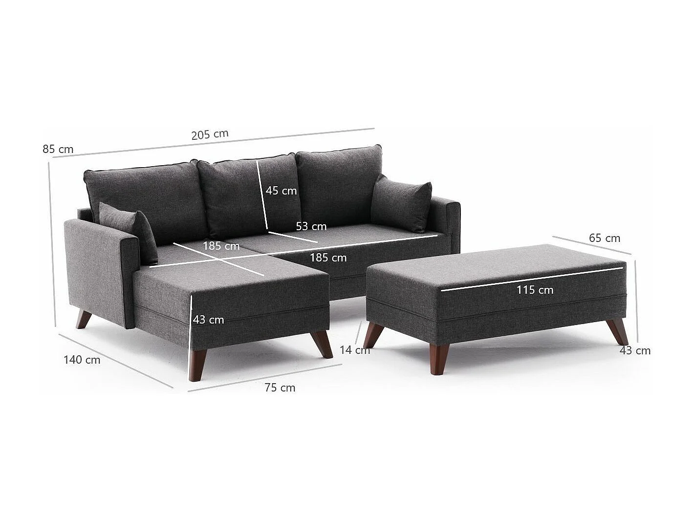 Petit canapé convertible d'angle droit avec pouf tissu bordeaux Kandy 205cm 2