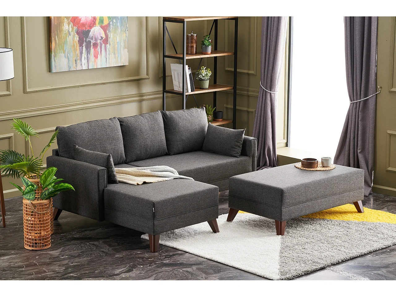 Petit canapé convertible d'angle droit avec pouf tissu bordeaux Kandy 205cm 2