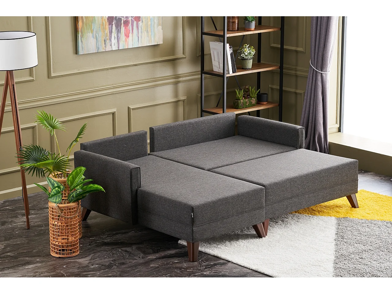 Petit canapé convertible d'angle droit avec pouf tissu bordeaux Kandy 205cm 2