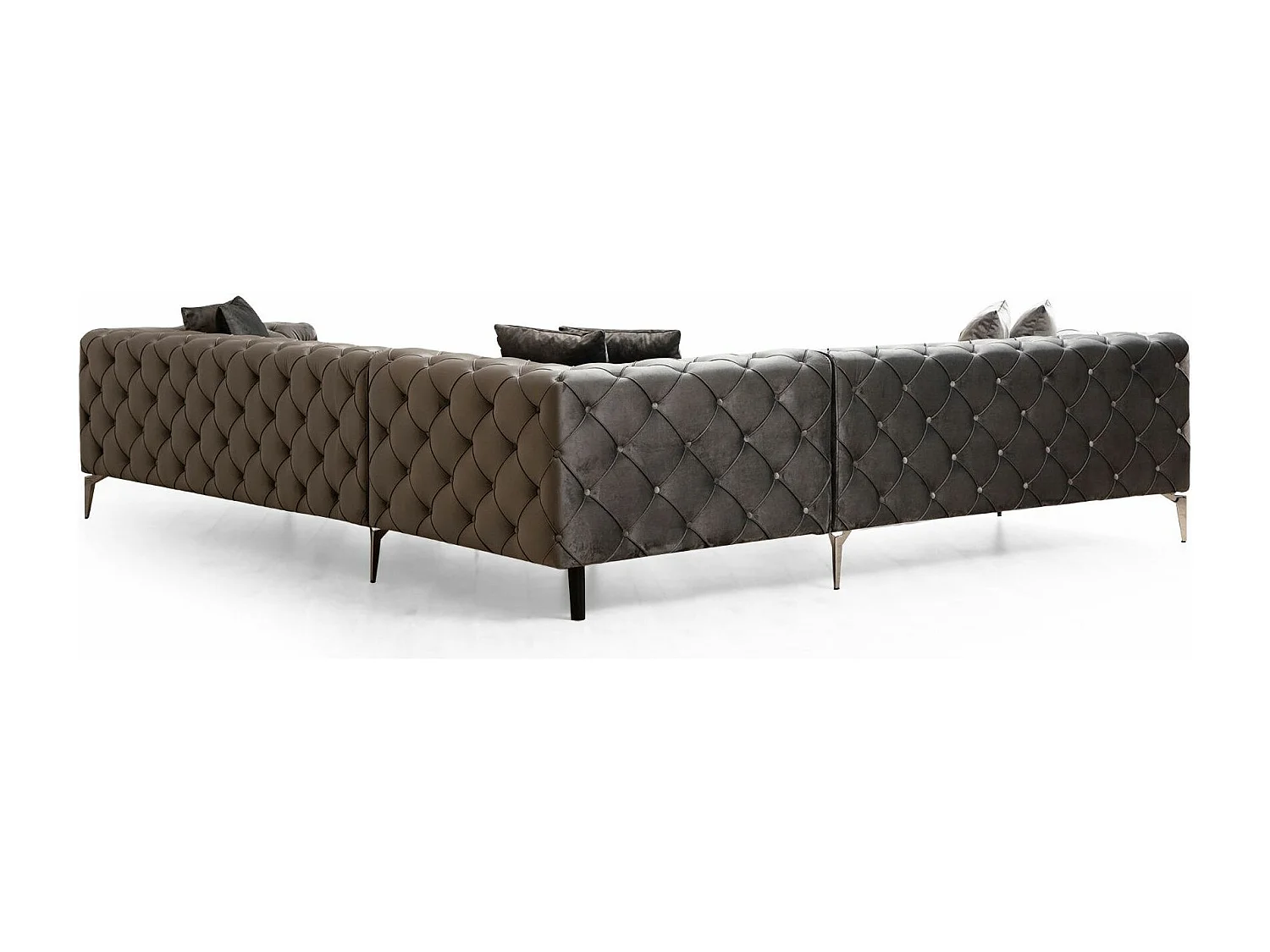 Canapé d'angle gauche capitonné velours gris foncé et pieds chromés Herakles 270cm