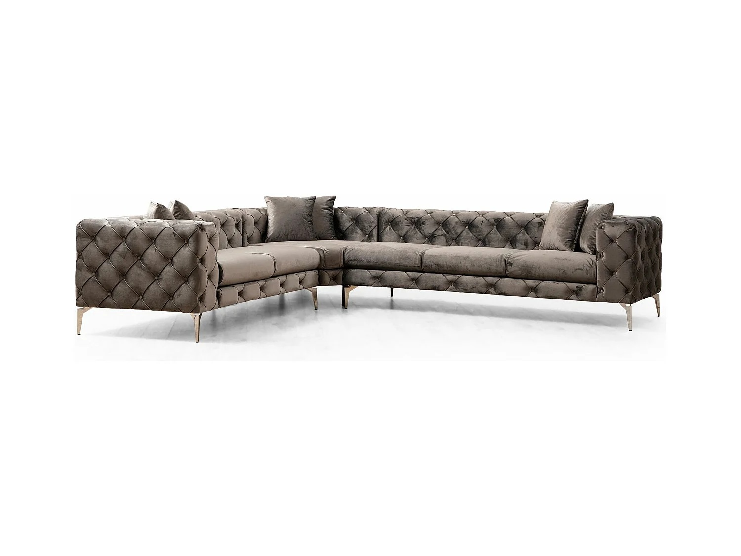 Canapé d'angle gauche capitonné velours gris foncé et pieds chromés Herakles 270cm