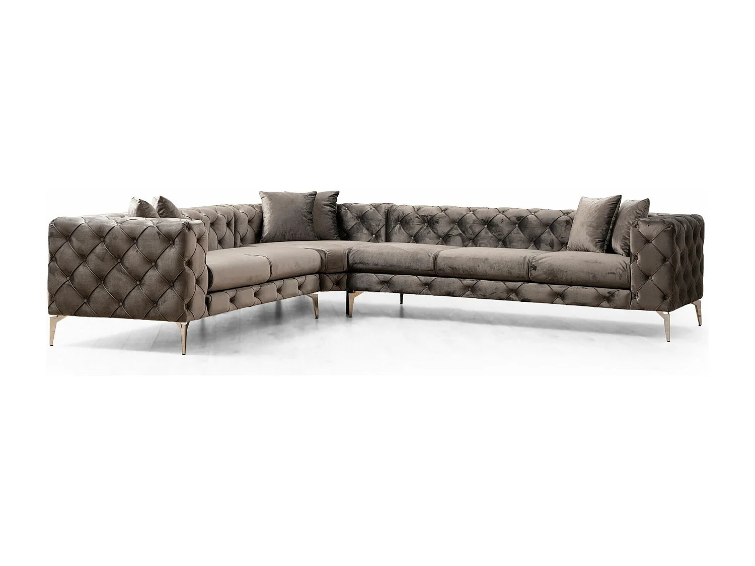 Canapé d'angle gauche capitonné velours gris foncé et pieds chromés Herakles 270cm