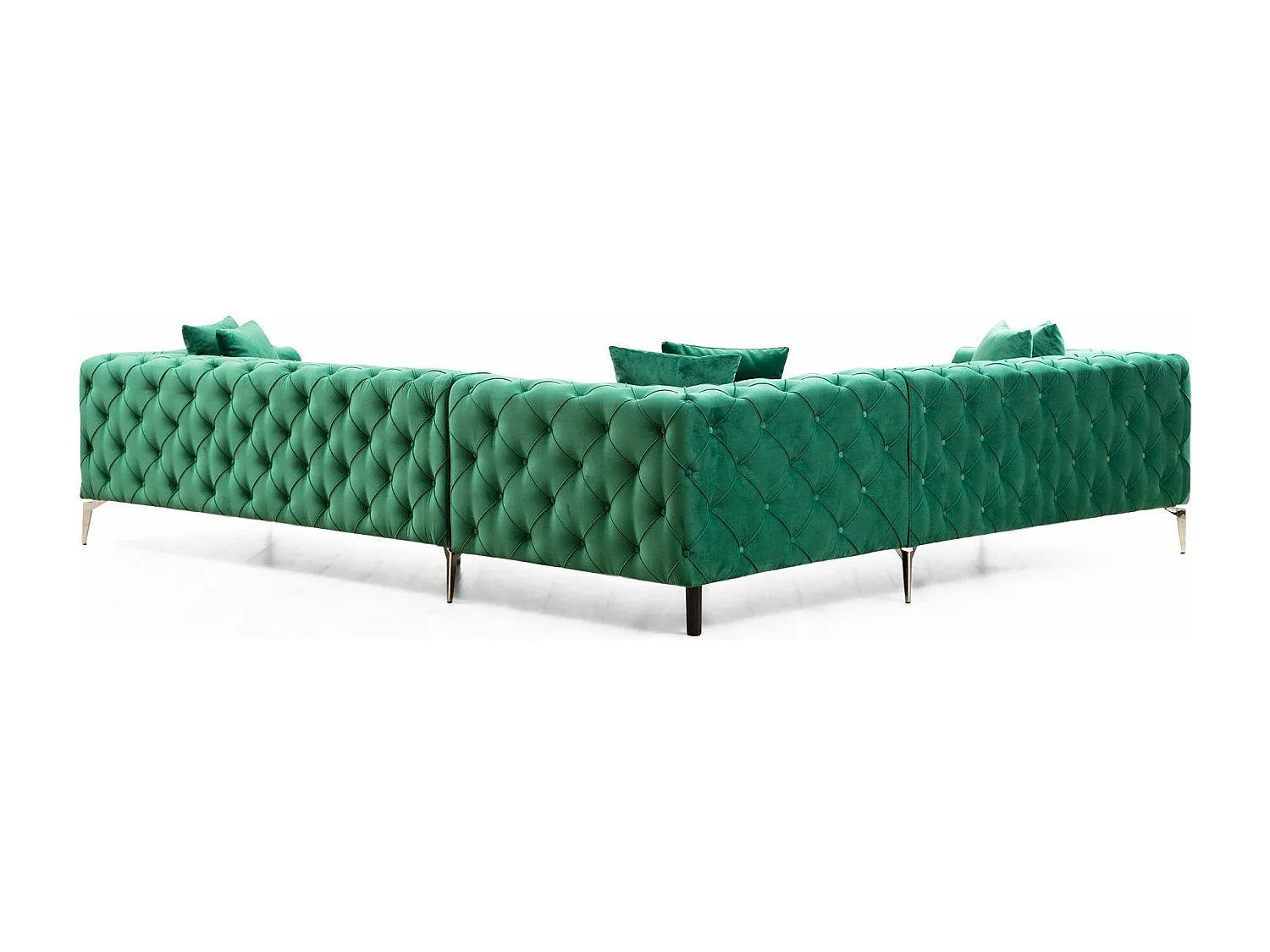 Canapé d'angle droit capitonné velours vert et pieds chromés Herakles 270cm