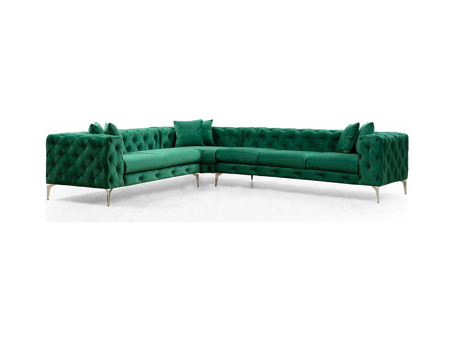 Rechter hoekbank bekleed met groen fluweel en chromen poten Herakles 270 cm