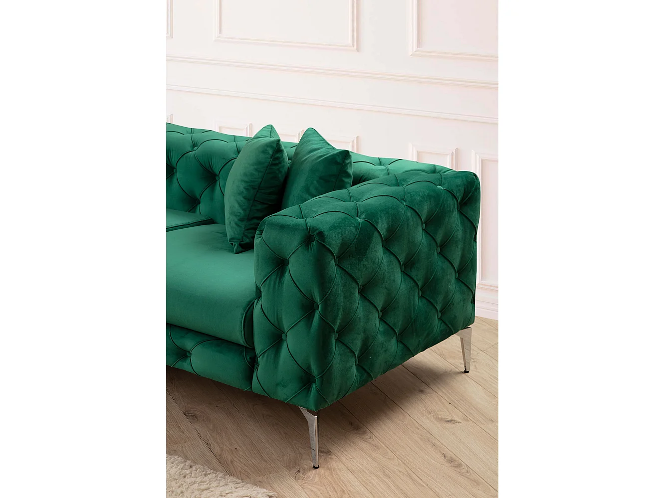 Rechter hoekbank bekleed met groen fluweel en chromen poten Herakles 270 cm