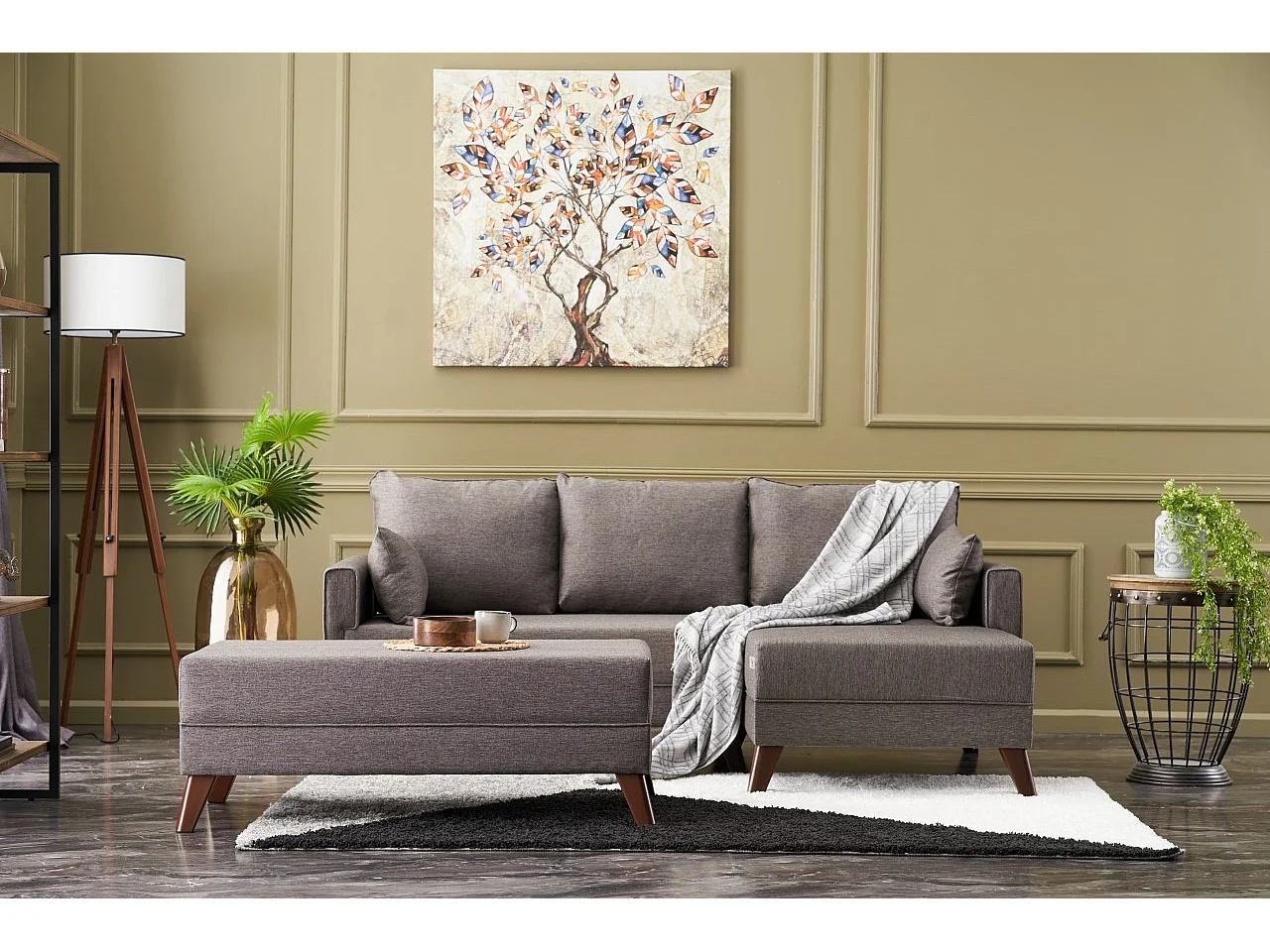 Petit canapé convertible d'angle droit avec pouf tissu marron clair Kandy 205cm