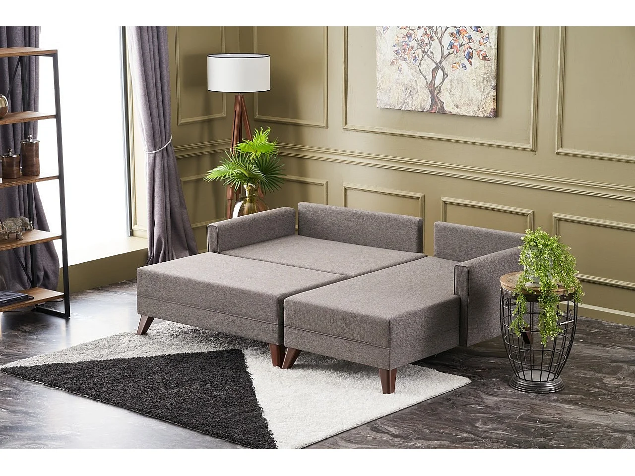 Petit canapé convertible d'angle droit avec pouf tissu marron clair Kandy 205cm