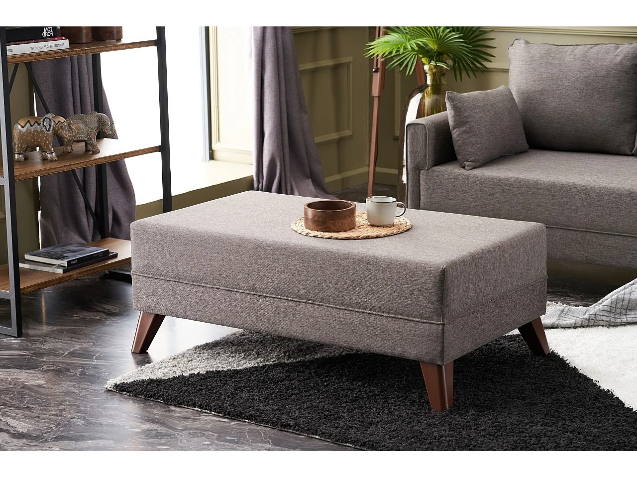Petit canapé convertible d'angle droit avec pouf tissu marron clair Kandy 205cm