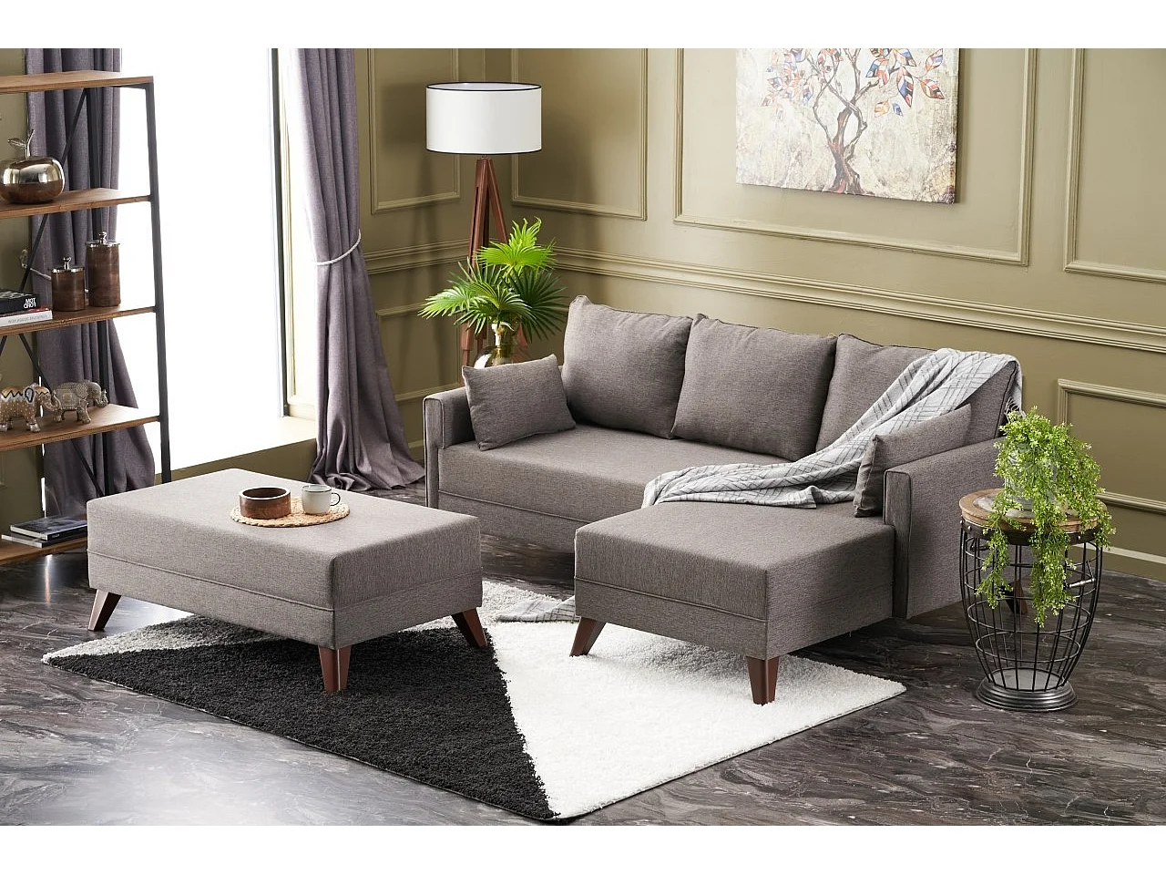 Petit canapé convertible d'angle droit avec pouf tissu marron clair Kandy 205cm