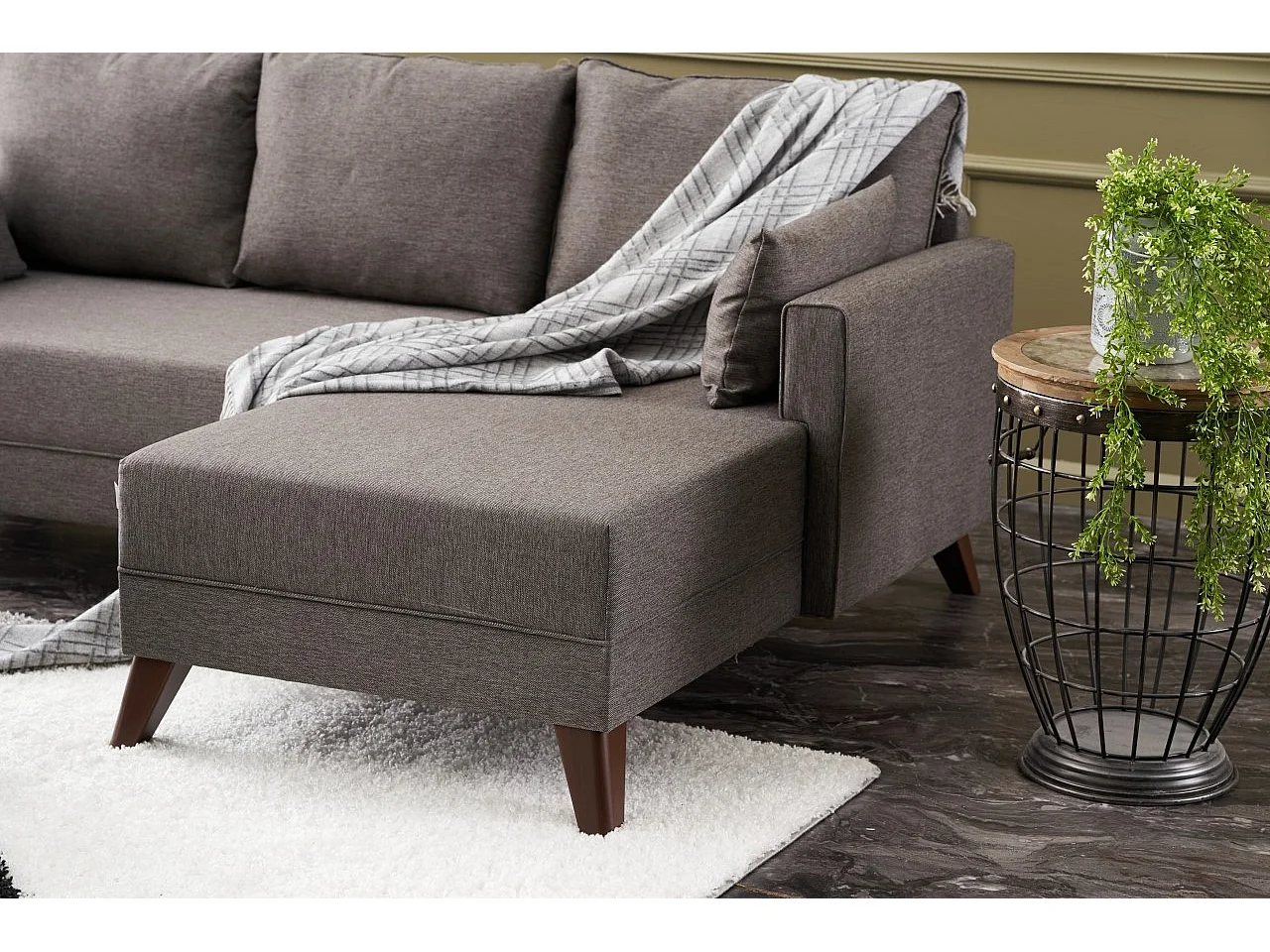 Petit canapé convertible d'angle droit avec pouf tissu marron clair Kandy 205cm