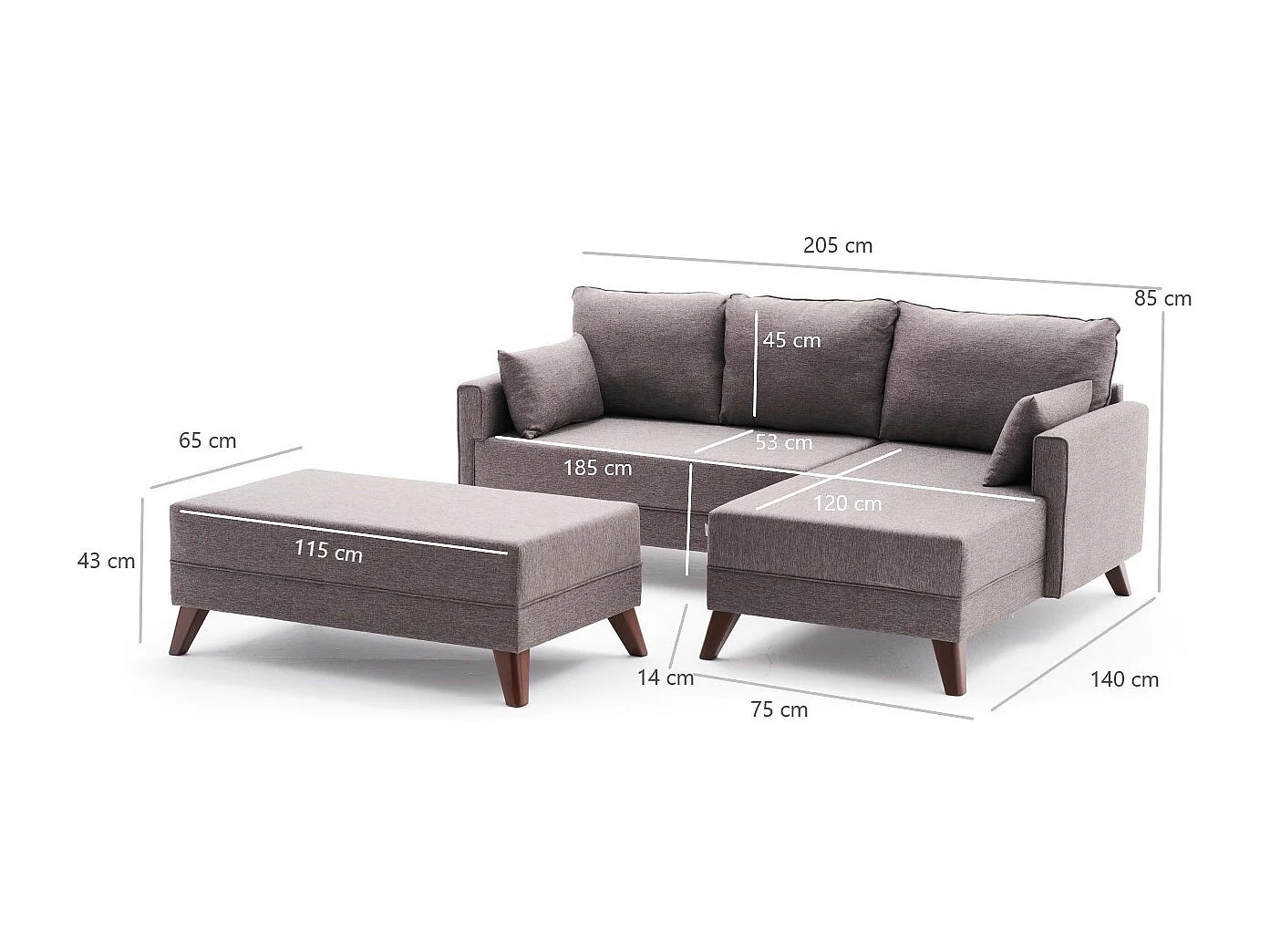 Petit canapé convertible d'angle droit avec pouf tissu marron clair Kandy 205cm