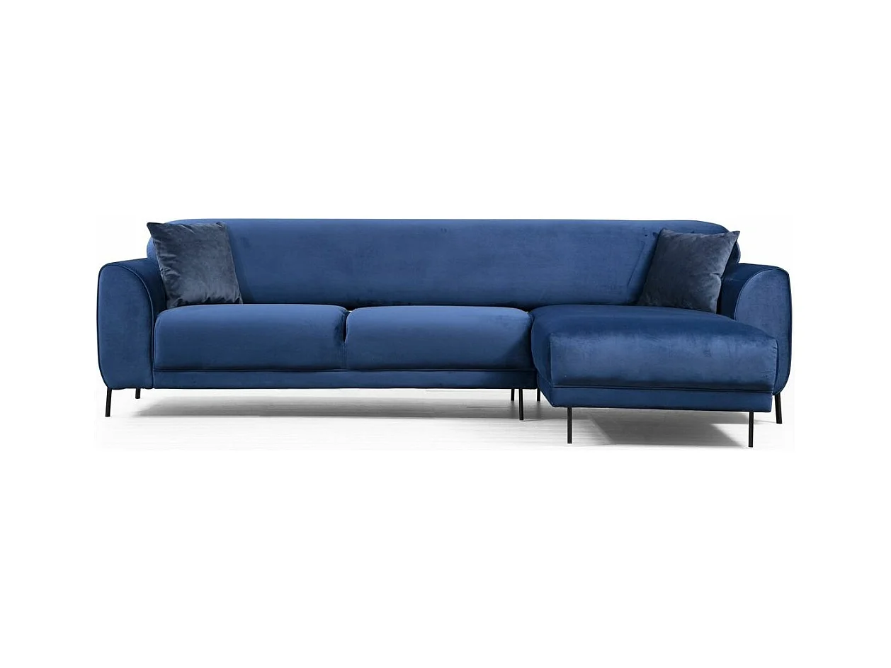 Canapé d'angle droit design velours bleu marine et pieds acier noir Liza