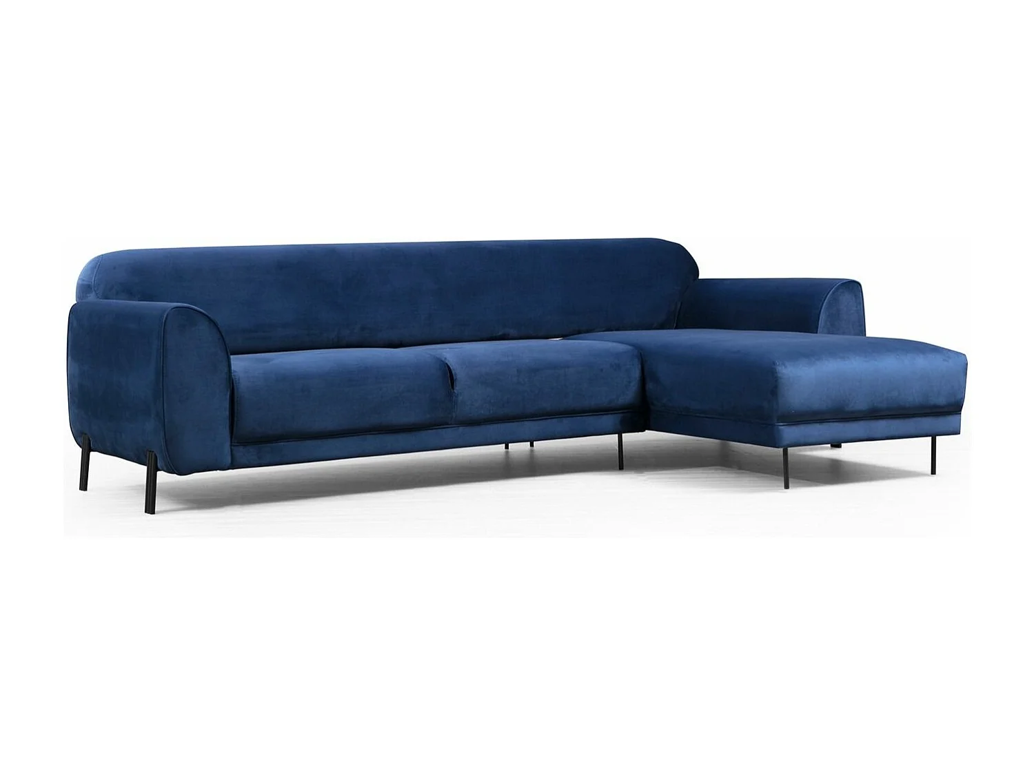 Designer rechterhoekbank in marineblauw fluweel en zwarte stalen poten Liza