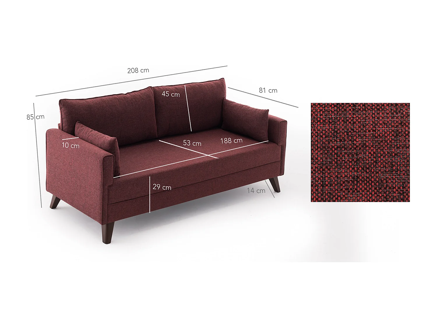 Canapé 3 places tissu bordeaux Kandy 208cm