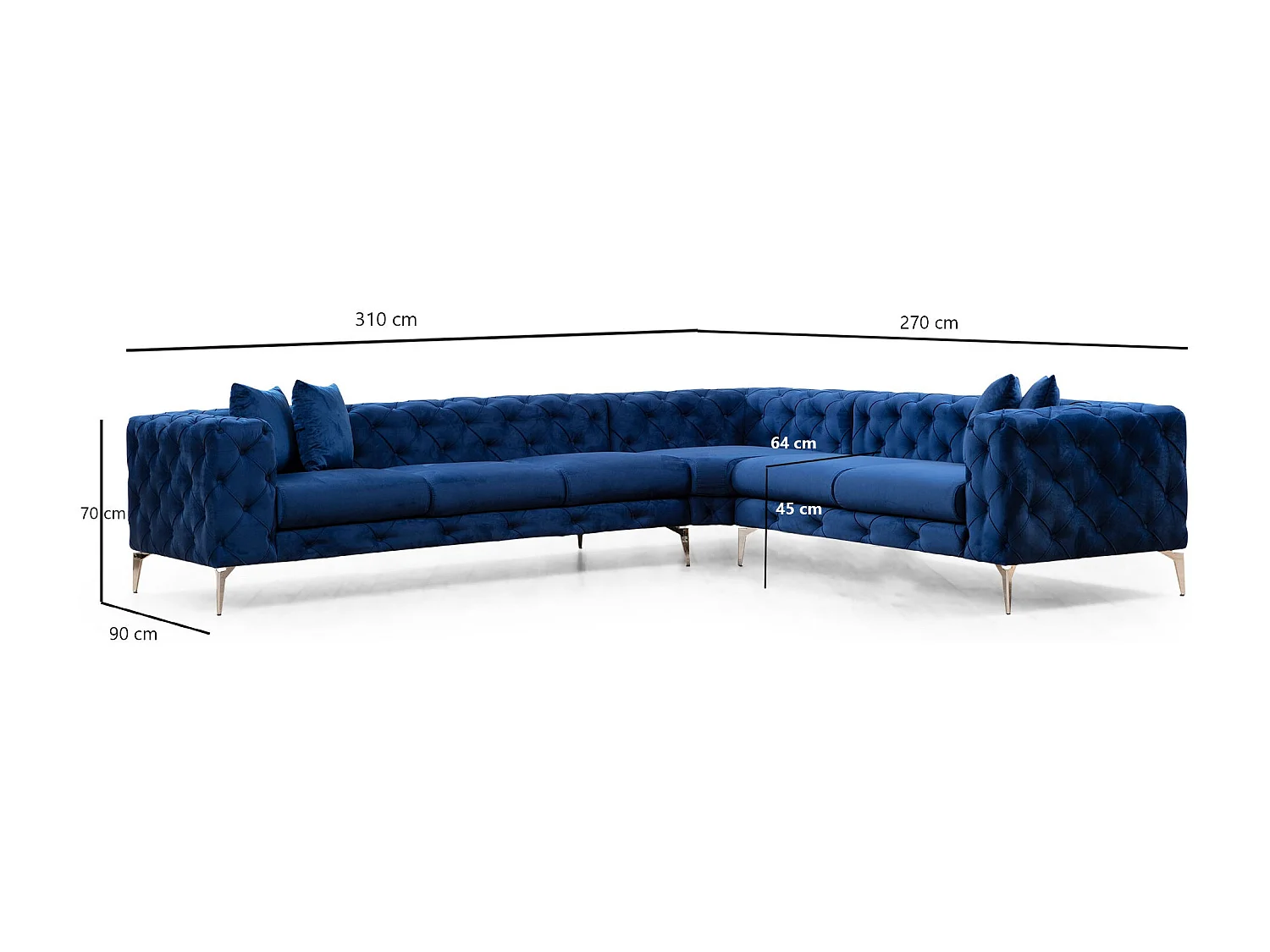 Canapé d'angle gauche capitonné velours bleu marine et pieds chromés Herakles 270cm