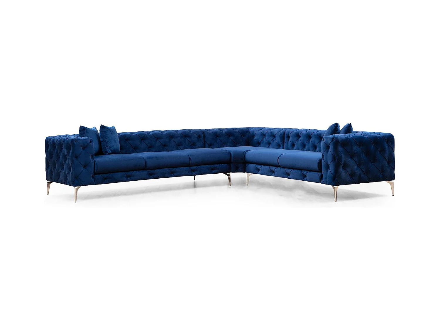 Canapé d'angle gauche capitonné velours bleu marine et pieds chromés Herakles 270cm