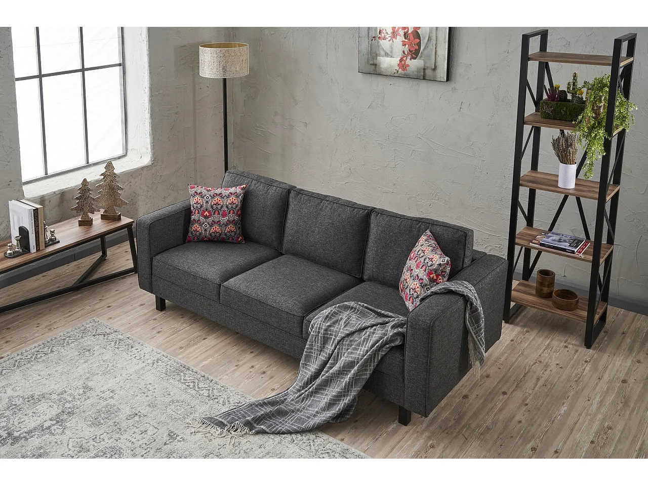 Canapé classique 3 places tissu lin anthracite Kalena 222cm