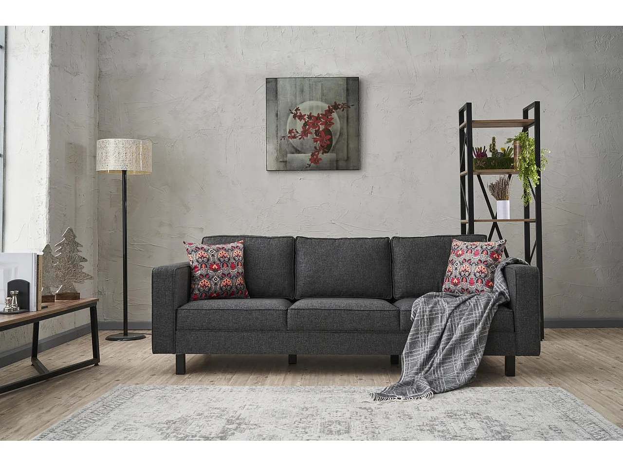 Canapé classique 3 places tissu lin anthracite Kalena 222cm