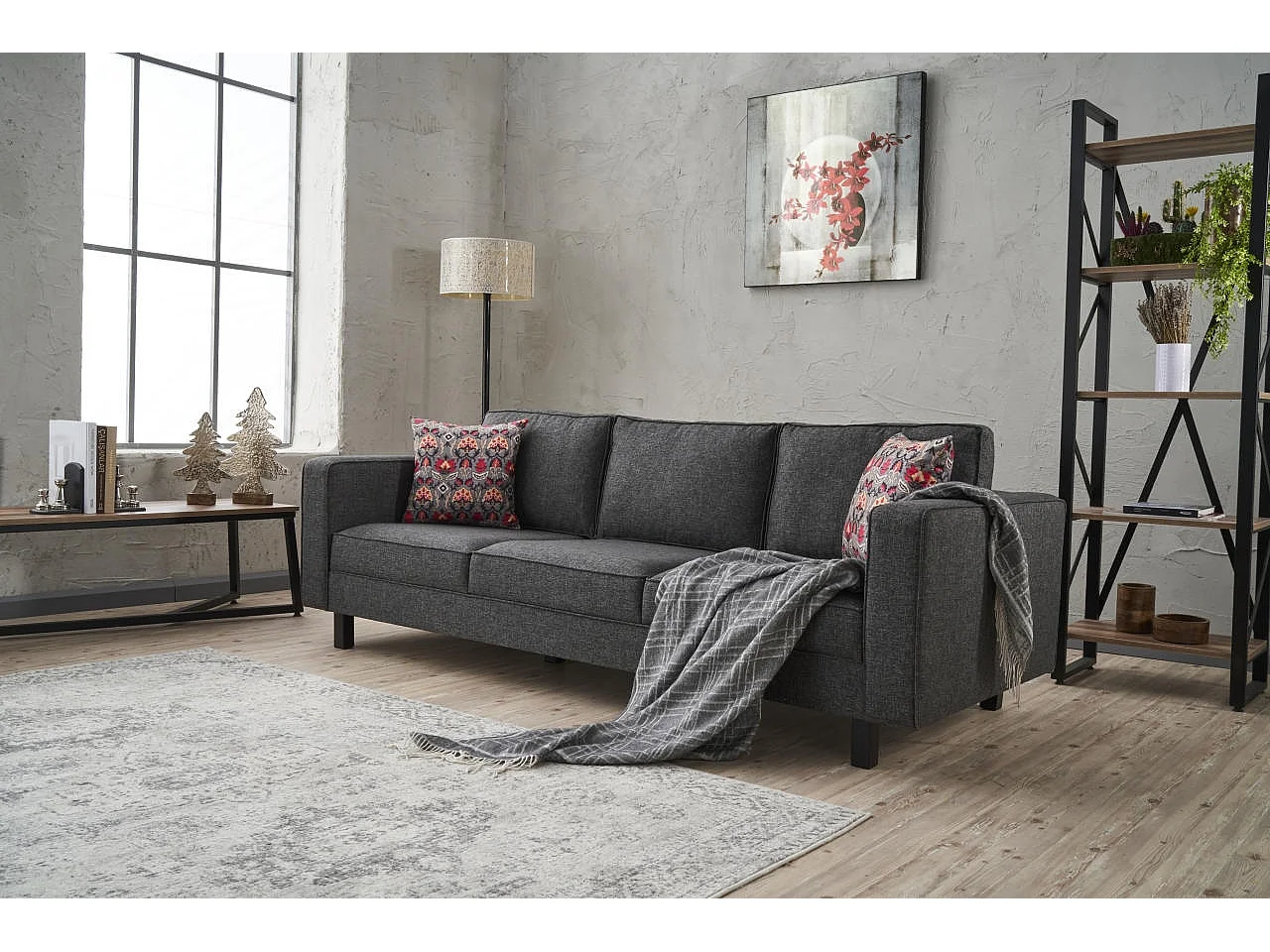 Canapé classique 3 places tissu lin anthracite Kalena 222cm