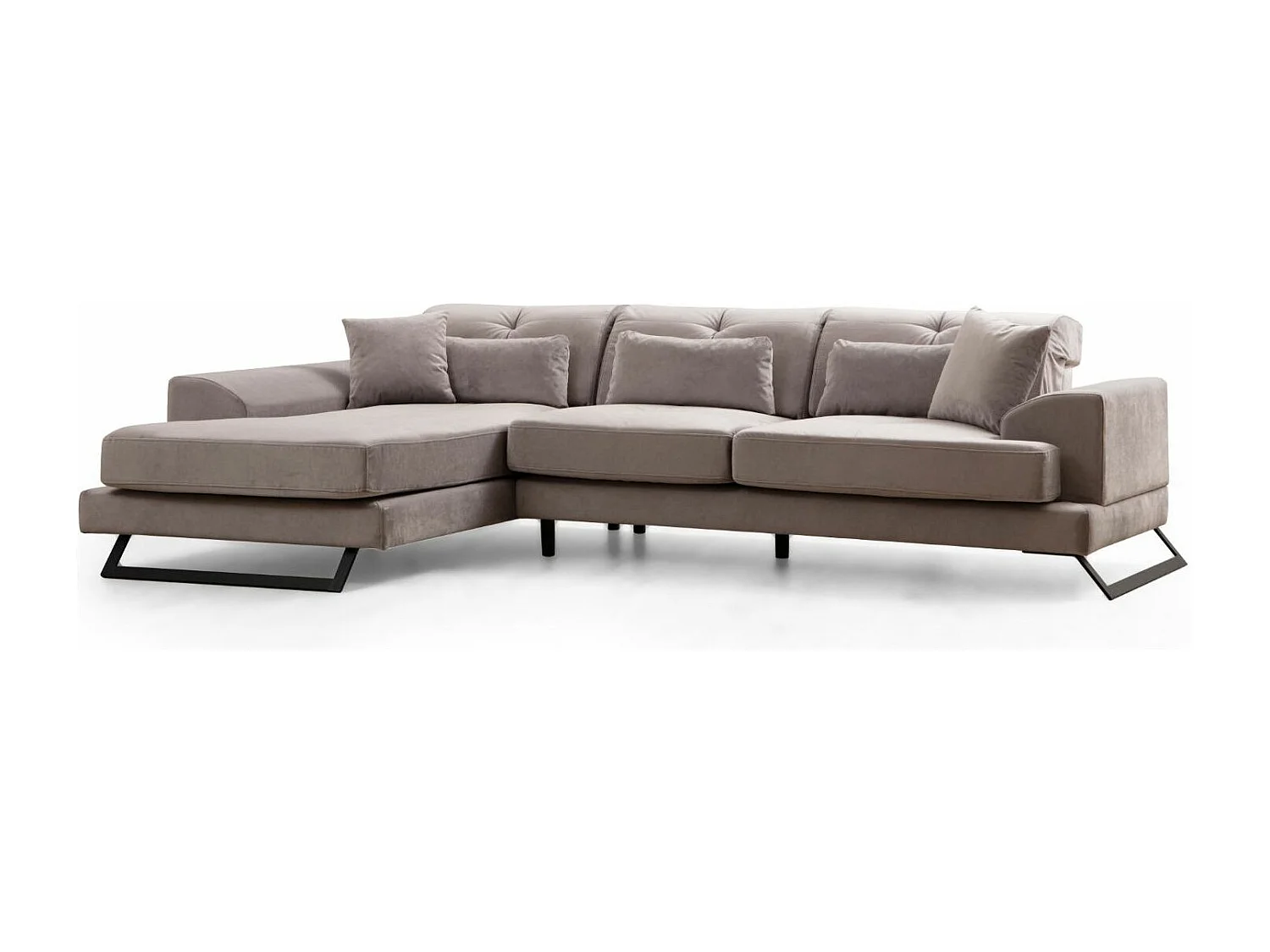 Canapé d'angle gauche velours gris avec têtières relevables et pieds metal noir Briko 308cm