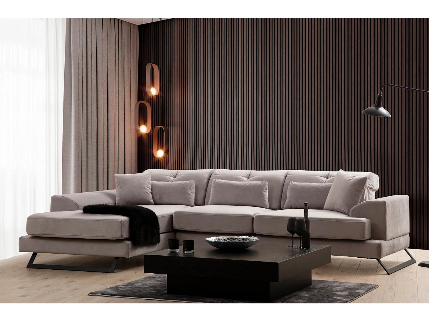 Canapé d'angle gauche velours gris avec têtières relevables et pieds metal noir Briko 308cm
