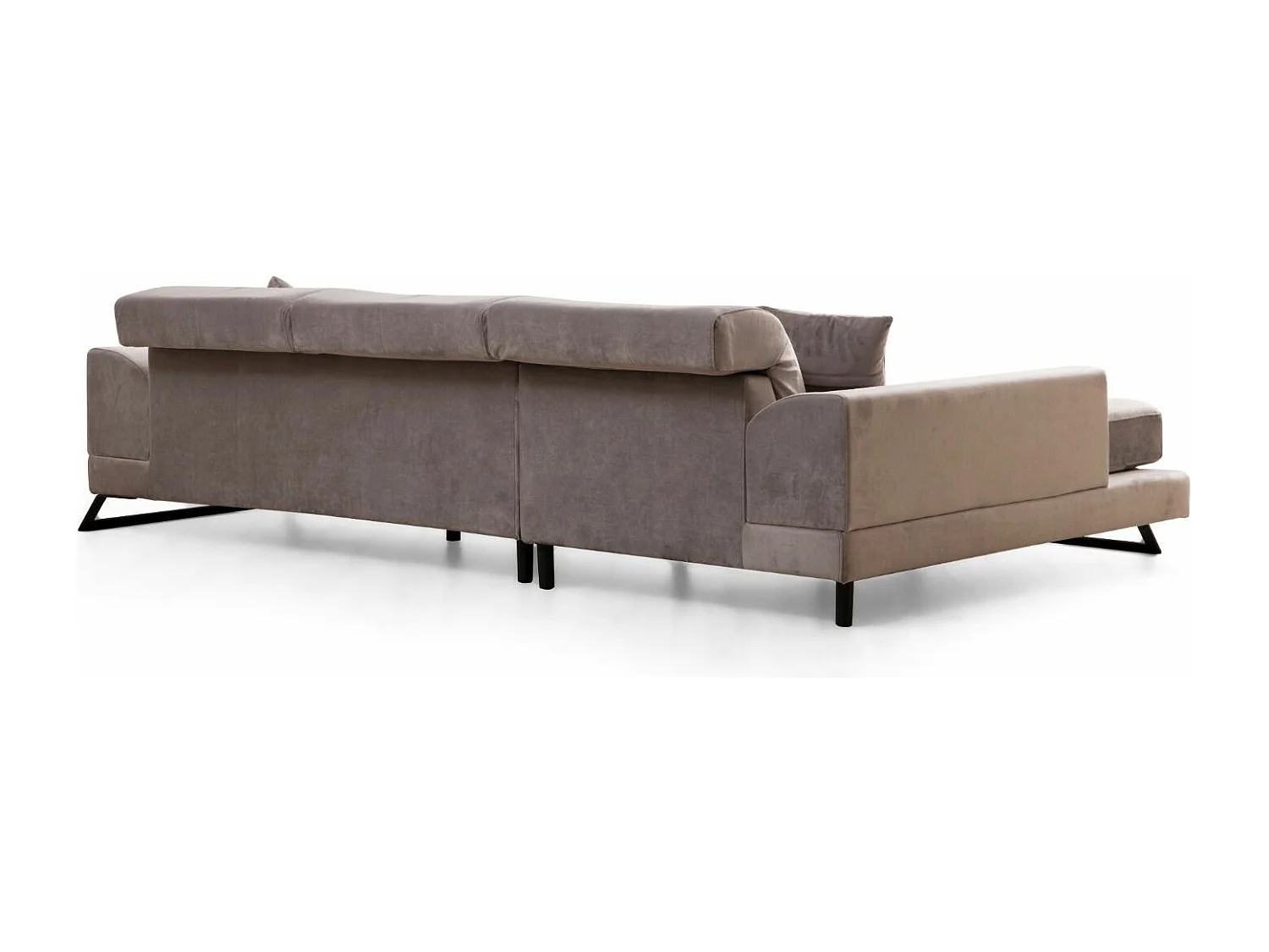 Canapé d'angle gauche velours gris avec têtières relevables et pieds metal noir Briko 308cm