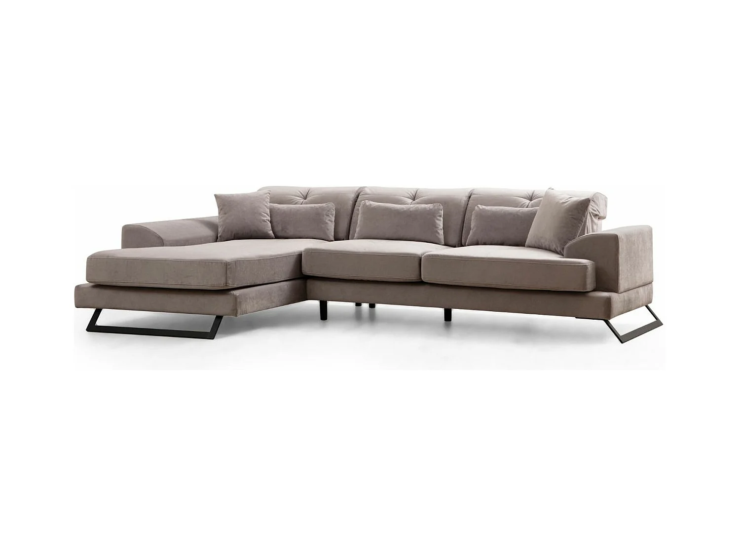 Canapé d'angle gauche velours gris avec têtières relevables et pieds metal noir Briko 308cm