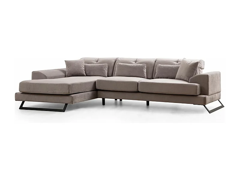 Hoekbank links in grijs fluweel met opklapbare hoofdsteunen en zwart metalen poten Briko 308 cm